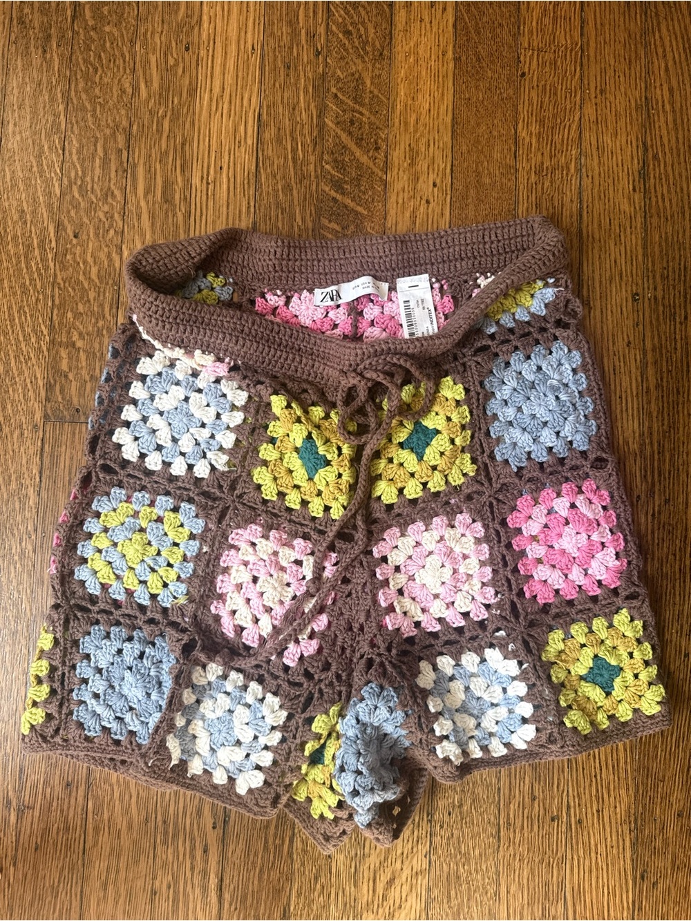 ZARA Brown Crochet Granny-Square Shorts with Pastel Accents